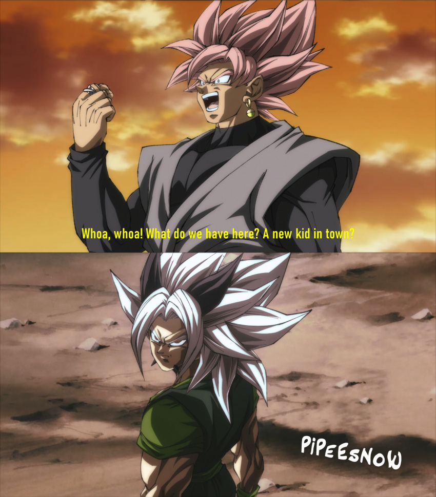 2boys artist_name black_hair dragon_ball dragon_ball_af dragon_ball_super earrings english_text goku_black highres jewelry long_sleeves male_focus multiple_boys open_mouth pink_hair pipeesnow potara_earrings ring serious spiked_hair subtitled super_saiyan super_saiyan_rose white_hair zaiko_(dragon_ball_af)