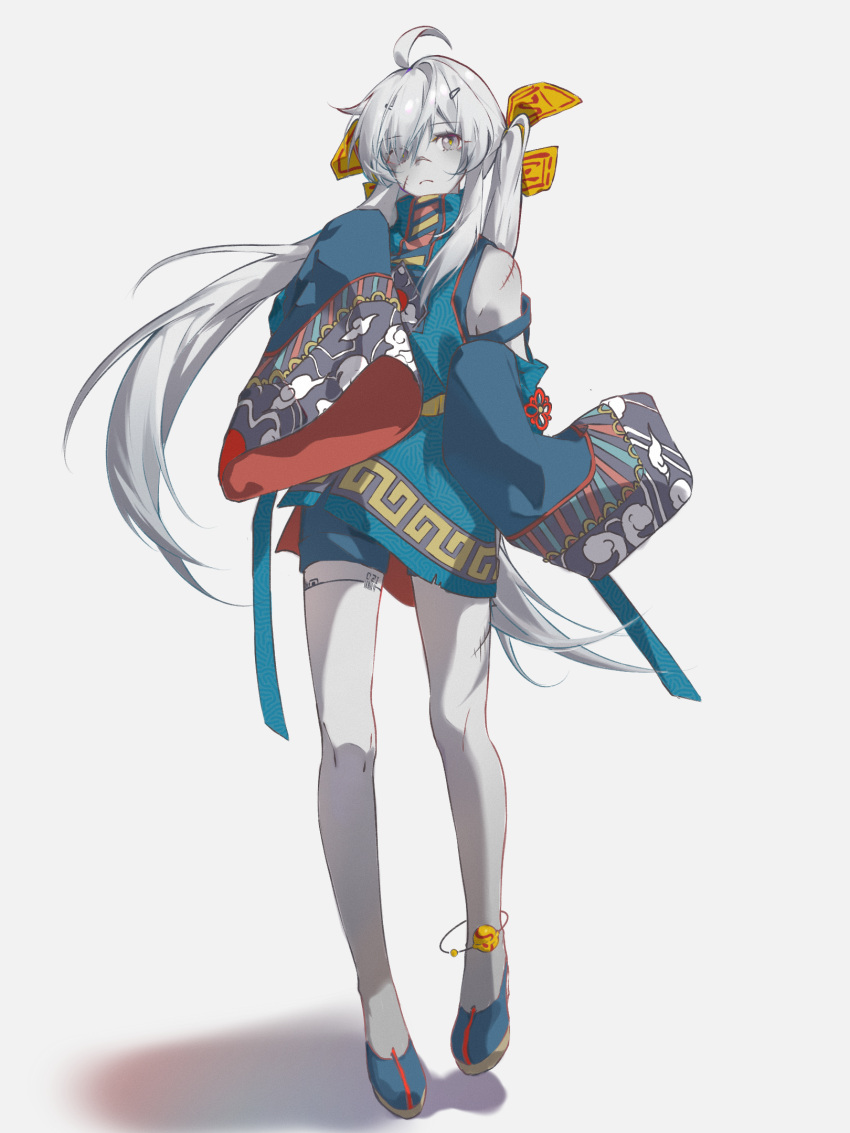 ahoge alternate_costume anklet bow colored_skin detached_sleeves green_footwear green_shirt green_shorts grey_background grey_eyes grey_hair grey_skin hair_bow hair_ornament hair_over_eyes hairclip highres jewelry kylin_47 long_hair low_twintails no.21_(punishing:_gray_raven) punishing:_gray_raven scar scar_on_cheek scar_on_face scar_on_leg scar_on_nose scar_on_shoulders shirt shorts sleeves_past_fingers sleeves_past_wrists twintails very_long_hair wide_sleeves yellow_bow yellow_pupils