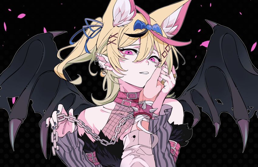 1girl animal_ear_fluff animal_ears bare_shoulders black_hair black_nails blonde_hair bow bracelet chain collar demon_wings ear_piercing fox_ears hair_bow hair_ribbon hand_on_another's_face heart heart-shaped_pupils highres holding holding_chain hololive jewelry kakult2017 long_sleeves looking_at_viewer multicolored_hair multiple_rings omaru_polka piercing pink_collar pink_eyes pink_hair pov pov_hands ribbon ring solo_focus spiked_bracelet spikes streaked_hair symbol-shaped_pupils virtual_youtuber wings