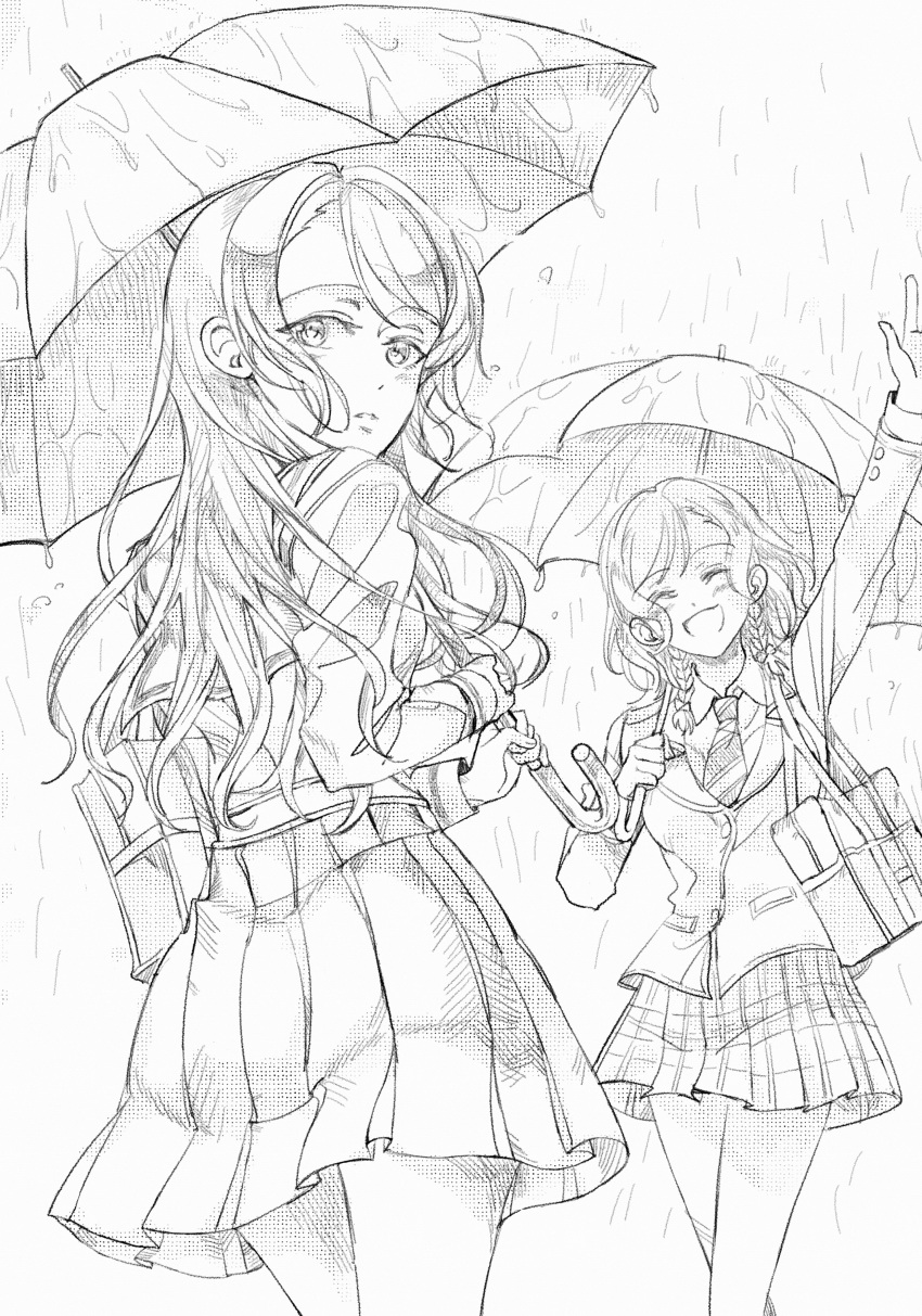 2girls absurdres bag bang_dream! blazer braid closed_eyes dress greyscale highres hikawa_hina hikawa_sayo holding holding_umbrella jacket junjun_(kimi-la) long_hair looking_at_viewer looking_back medium_hair monochrome multiple_girls necktie open_mouth pleated_dress pleated_skirt rain school_bag school_uniform siblings sisters skirt smile twin_braids twins umbrella waving