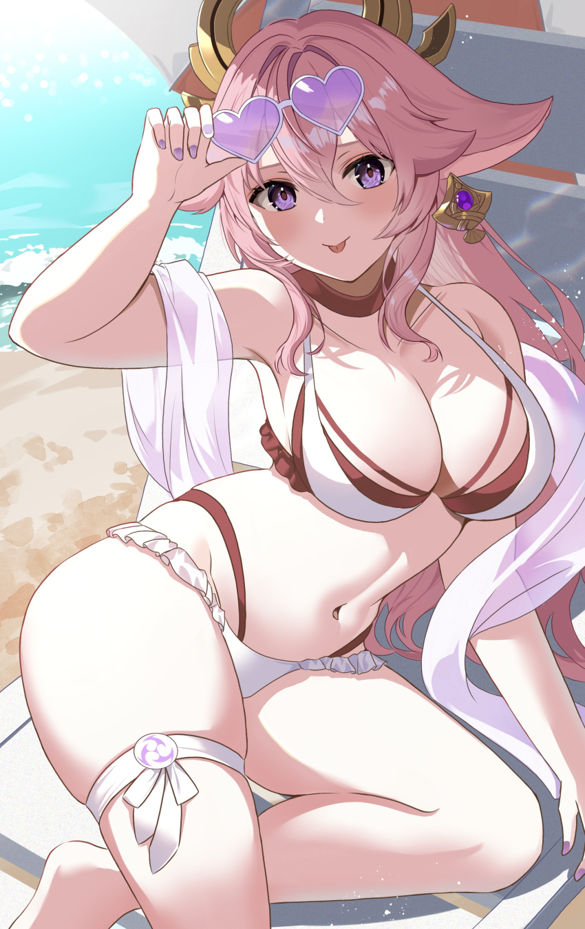 1girl :p absurdres adjusting_eyewear alternate_costume animal_ears arm_up beach bikini blush breasts choker cleavage commentary_request earrings eyewear_lift floppy_ears foot_out_of_frame fox_ears genshin_impact hand_on_eyewear heart heart-shaped_eyewear highres jewelry leg_ribbon long_hair looking_at_viewer navel outdoors parasol pink_hair pink_shawl purple-tinted_eyewear purple_nails red_choker rererere_mon ribbon sand shawl solo sunglasses swimsuit thigh_ribbon tinted_eyewear tongue tongue_out umbrella very_long_hair water white_bikini yae_miko