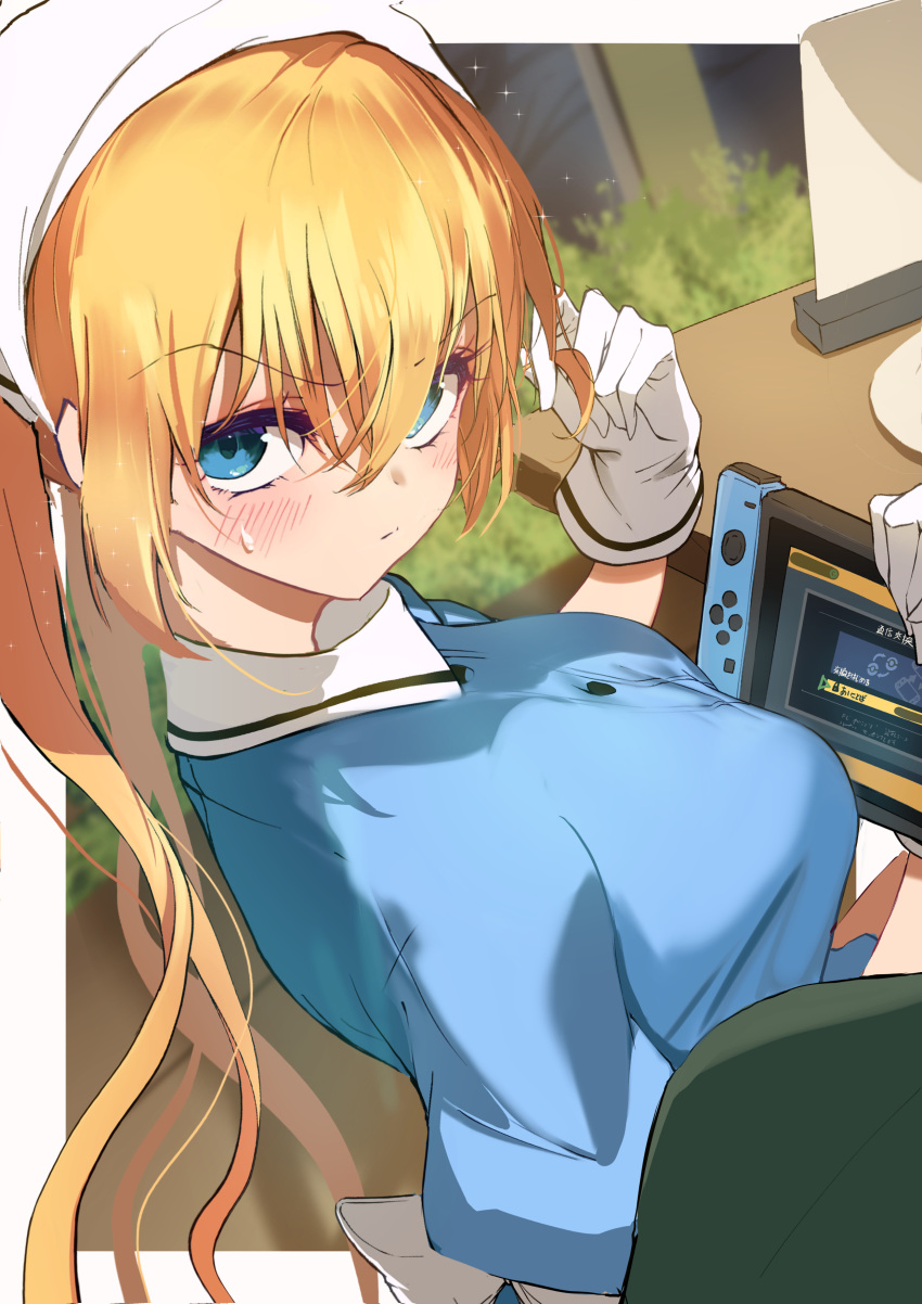 1girl absurdres blend_s blonde_hair blue_eyes blue_shirt blush border breasts closed_mouth commentary_request eyelashes from_above frown gloves hair_between_eyes handheld_game_console head_scarf highres hinata_kaho holding holding_handheld_game_console kootee-on large_breasts long_hair looking_at_viewer looking_back nintendo_switch puffy_short_sleeves puffy_sleeves shirt short_sleeves solo sparkle sweatdrop twintails upturned_eyes v-shaped_eyebrows very_long_hair waitress white_border white_gloves