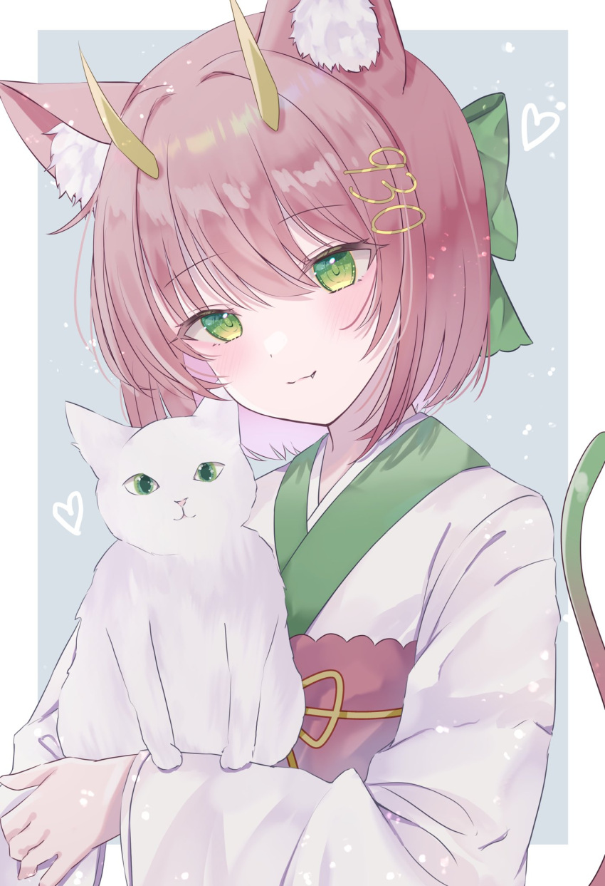 1girl animal_ear_fluff animal_ears blush bow cat cat_ears green_bow green_eyes gusao hair_bow highres japanese_clothes kimono pink_hair short_hair smile solo white_cat white_kimono yellow_horns yomogi_mogu youtube