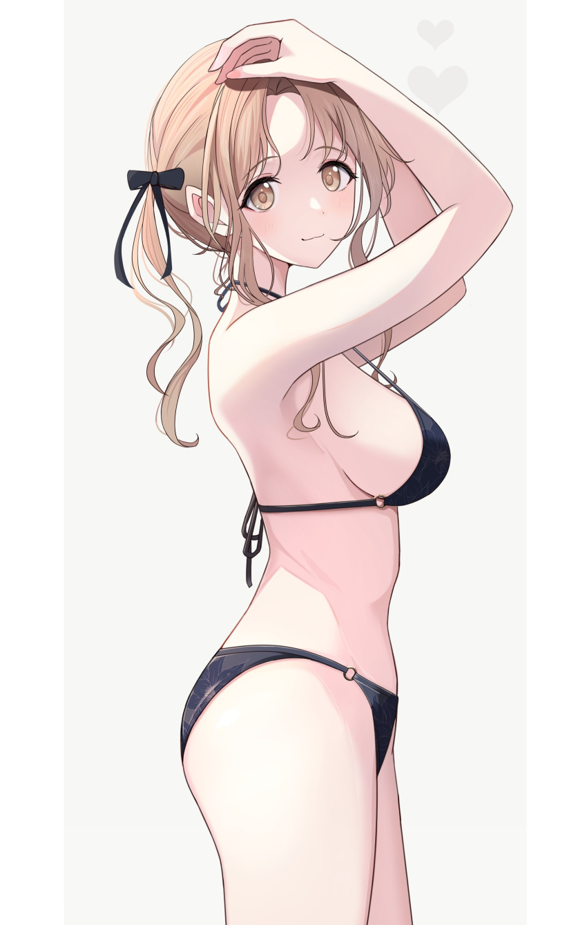 1girl absurdres arms_up bikini black_bikini blush breasts brown_eyes commentary cowboy_shot from_side heart highres ichikawa_hinana idolmaster idolmaster_shiny_colors large_breasts light_brown_hair looking_at_viewer sideboob sidelocks sikimosh swimsuit