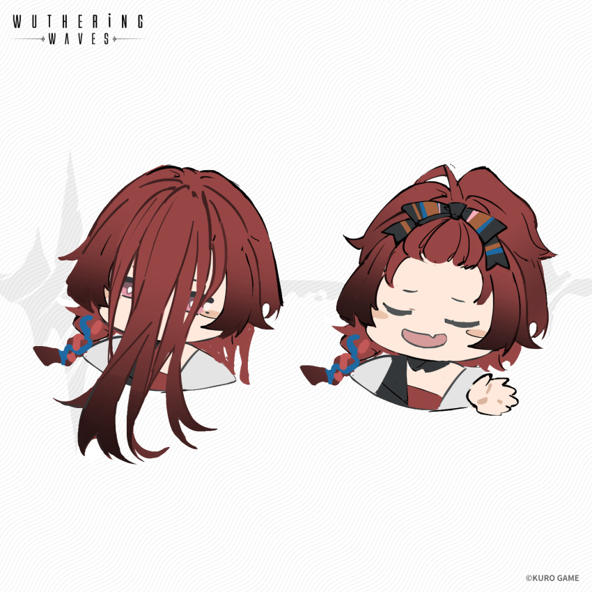 1girl blush_stickers braid chibi chixia_(wuthering_waves) concept_art copyright english_text forehead hair_between_eyes hair_over_face hand_up highres jacket long_bangs patterned_background red_shirt ribbon shirt single_braid sleeping upper_body white_jacket wuthering_waves