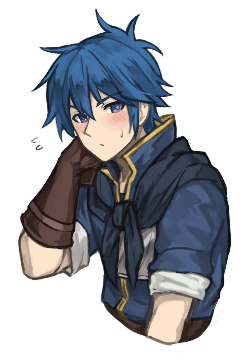 1boy blue_eyes blue_hair blue_scarf blush collared_shirt fire_emblem fire_emblem:_new_mystery_of_the_emblem gloves highres kris_(male)_(fire_emblem) leather leather_gloves scarf shirt short_sleeves solo upper_body zuzu_(ywpd8853)