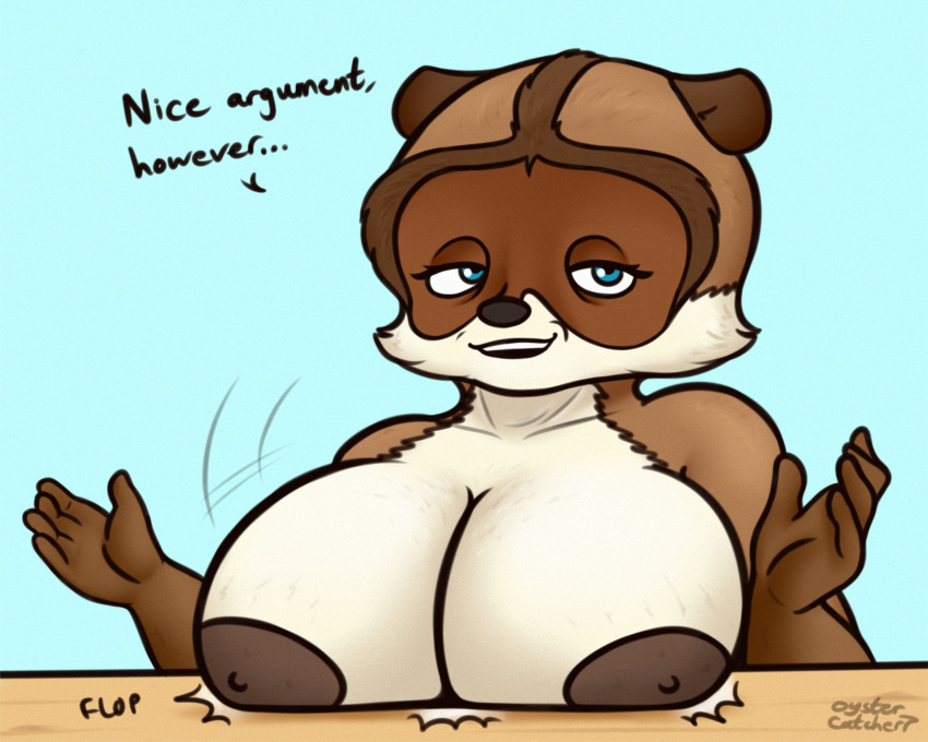 anthro areola big_areola big_breasts blue_eyes breasts brown_body brown_fur crossgender fair_argument_(meme) female fur hi_res mammal mature_female meme nipples over_the_hedge oystercatcher7 procyonid raccoon rj_(over_the_hedge) solo