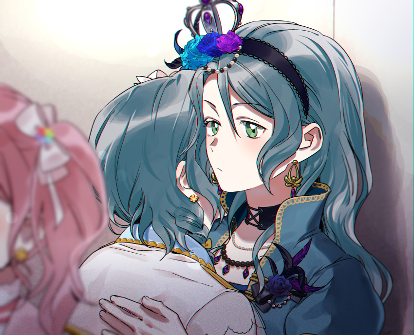 3girls absurdres aqua_hair bang_dream! bead_necklace beads black_choker blue_jacket blurry blurry_foreground bow brown_jacket choker chromatic_aberration closed_mouth commentary crown earrings flower flower_earrings gem green_eyes hair_between_eyes hair_bow head_on_another's_shoulder head_rest high_collar highres hikawa_hina hikawa_sayo idol idol_clothes incest jacket jewelry lace-trimmed_hairband lace_trim long_hair looking_at_viewer maruyama_aya medium_hair mini_crown multiple_girls necklace pink_hair purple_gemstone shadow siblings sidelocks twincest twins twintails yuri zihacheol