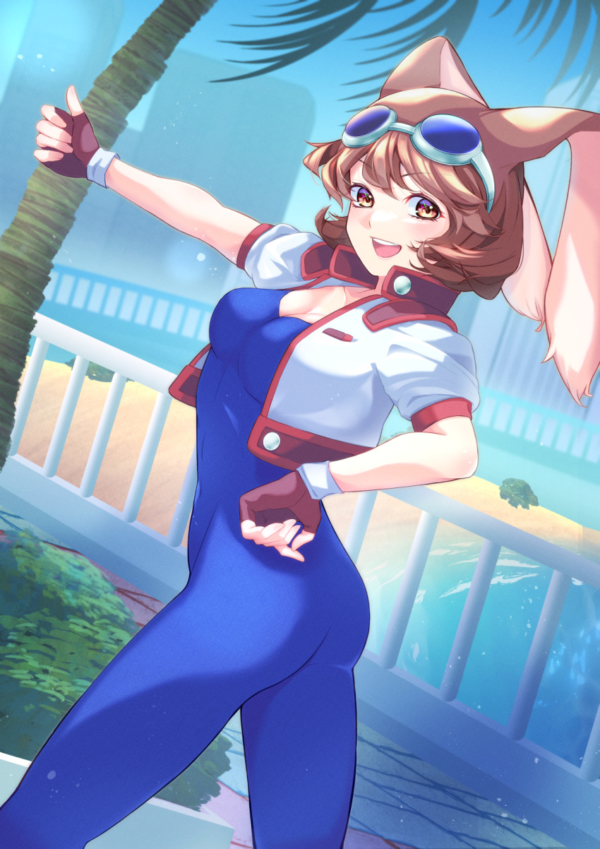 1girl animal_ears beach blue_sky blue_unitard blush bodysuit breasts brown_eyes brown_hair buttons cleavage collarbone commentary_request covered_navel cropped_jacket day fingerless_gloves gloves goggles goggles_on_head hand_on_own_hip highres jacket looking_at_viewer makihara_arina open_clothes open_mouth outdoors palm_tree puffy_short_sleeves puffy_sleeves rabbit_ears short_hair short_sleeves simple_background skin_tight sky small_breasts smile teeth thumbs_up tree unitard upper_teeth_only user_dttw2327 waku_waku_7 water