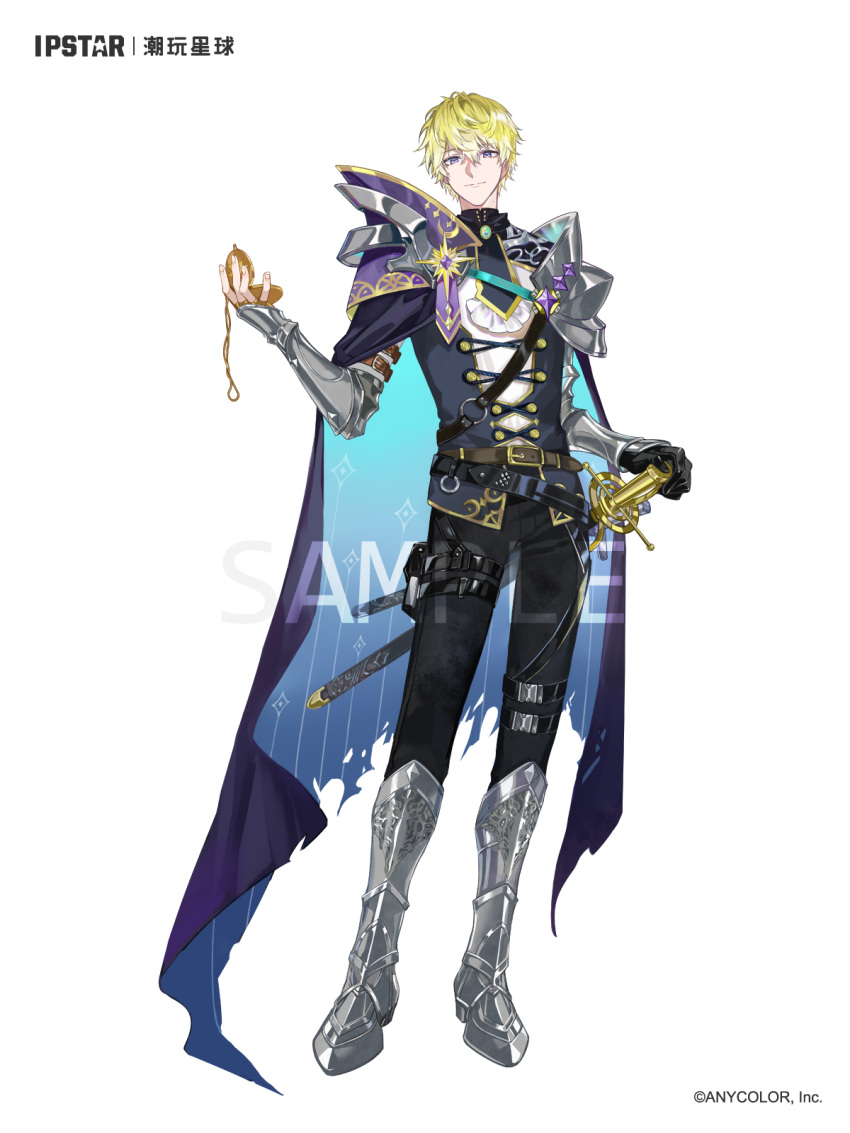 1boy alternate_costume armor armored_boots belt black_belt black_gloves black_pants blonde_hair blue_cape blue_necktie blue_vest boots brooch buttons cape copyright full_body gem gloves hair_between_eyes hand_on_hilt highres hitokoto holding holding_pocket_watch jewelry long_sleeves looking_at_viewer male_focus multiple_swords necktie nijisanji nijisanji_en official_art pants pocket_watch purple_cape purple_eyes purple_gemstone sample_watermark sheath sheathed shirt short_hair shoulder_armor simple_background single_glove sleeve_garter smile solo sonny_brisko standing thigh_pouch thigh_strap two-sided_cape two-sided_fabric vambraces vest virtual_youtuber watch white_background white_shirt