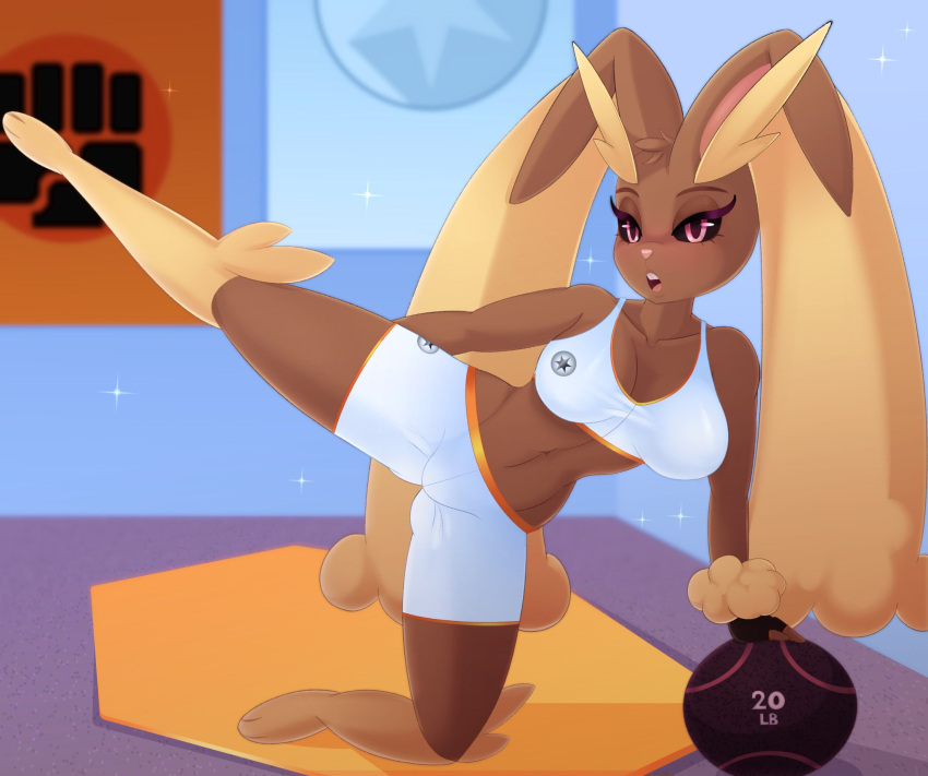 anthro exercise female generation_4_pokemon hi_res lopunny nintendo open_mouth pokemon pokemon_(species) solo spicyredfox workout workout_clothing