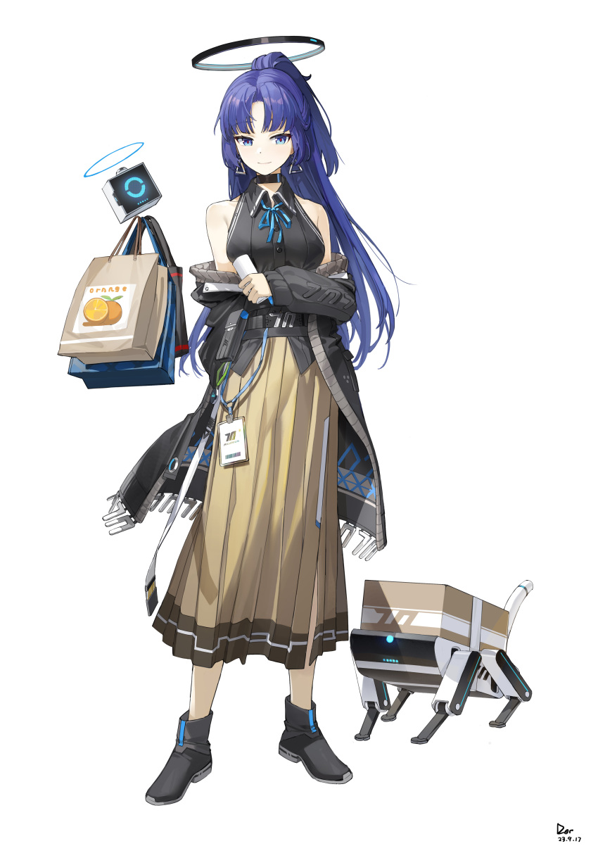 1girl absurdres alternate_costume bag bare_shoulders black_choker black_footwear black_jacket blue_archive blue_eyes blue_hair blue_ribbon breasts chinese_commentary choker closed_mouth collared_shirt commentary_request dor_m dress full_body halo high_ponytail highres holding jacket long_dress long_hair long_sleeves looking_afar looking_down mechanical_halo medium_breasts neck_ribbon off_shoulder open_clothes open_jacket paper_bag parted_bangs pleated_dress ponytail ribbon robot shirt shoes simple_background sleeveless sleeveless_shirt smile solo standing white_background yellow_dress yuuka_(blue_archive)