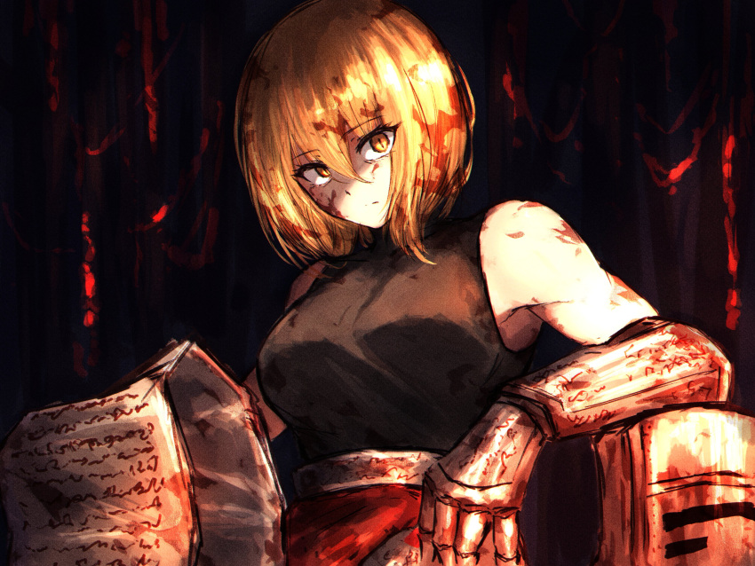 1girl absurdres akita_(akitakipuromun) black_shirt blonde_hair blood blood_in_hair blood_on_clothes blood_on_face don_quixote_(limbus_company) gauntlets helmet highres holding holding_paper limbus_company paper project_moon shirt short_hair sleeveless sleeveless_shirt slit_pupils unworn_headwear unworn_helmet yellow_eyes