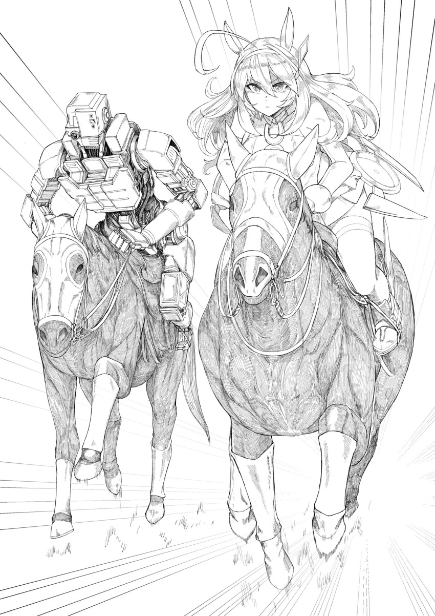 1girl 1other ahoge animal_ears closed_mouth commentary_request detached_sleeves ear_covers ear_ornament emphasis_lines hair_between_eyes hair_ornament hairclip headband highres horse horse_ears horse_racing horse_tail long_hair mihono_bourbon_(umamusume) monochrome robot running sa_(xwfm8875) serious tail thighhighs umamusume white_background