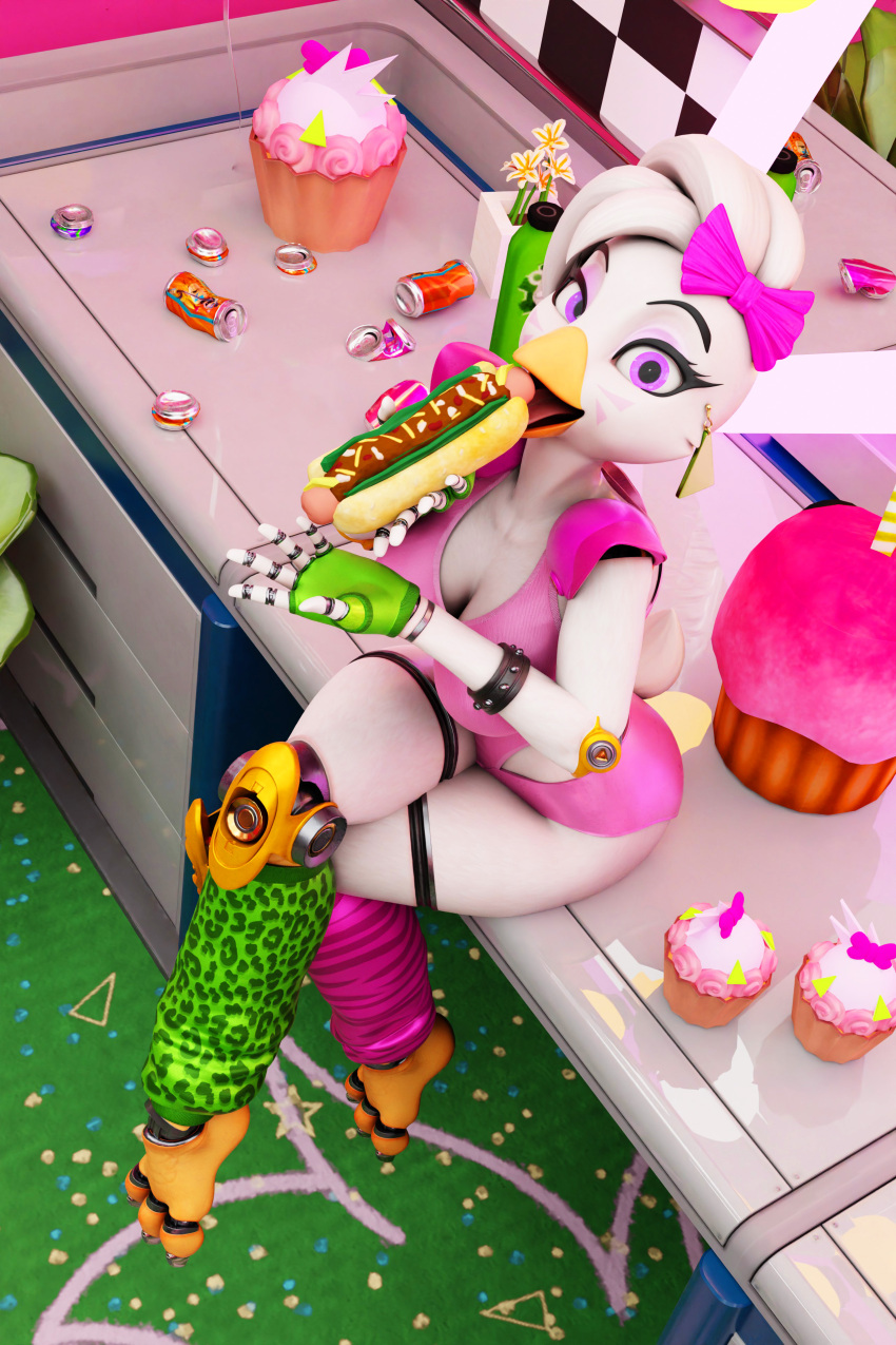 2023 2:3 3d_(artwork) absurd_res accessory animatronic anthro avian beak bird blender_cycles bow_ribbon breasts chicken clothing crossed_legs digital_media_(artwork) ear_piercing ear_ring eating eyelashes eyeshadow female fever-dreamer fingerless_gloves fingers five_nights_at_freddy's five_nights_at_freddy's:_security_breach flapcats food furniture galliform gallus gallus_(genus) glamrock_chica_(fnaf) gloves hair_accessory hair_bow hair_ribbon handwear hi_res holding_food holding_object hot_dog inside looking_at_viewer machine makeup mayosplash midriff nipple_outline non-mammal_breasts open_mouth phasianid piercing ribbons ring_piercing robot robot_joints scottgames sitting smile solo steel_wool_studios tongue