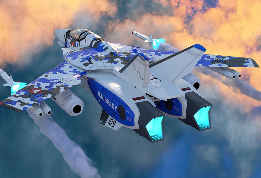 3d afterburner canopy_(aircraft) choujikuu_yousai_macross cloud contrail dapperman dusk english_commentary firing flying highres macross mecha missile nuclear_weapon photoshop_(medium) pilot poser_(medium) realistic robot robotech roundel science_fiction thrusters u.n._spacy variable_fighter vf-1