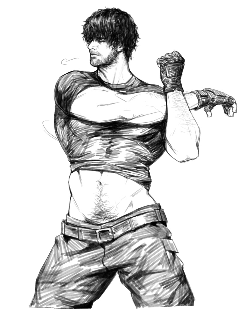 1boy areyoucracked bad_id bad_twitter_id bara belt carlos_oliveira closed_mouth clothes_lift facial_hair fingerless_gloves gloves greyscale highres male_focus monochrome muscular muscular_male navel navel_hair pants resident_evil resident_evil_3:_nemesis resident_evil_3_(remake) shirt shirt_lift short_hair simple_background solo stretching