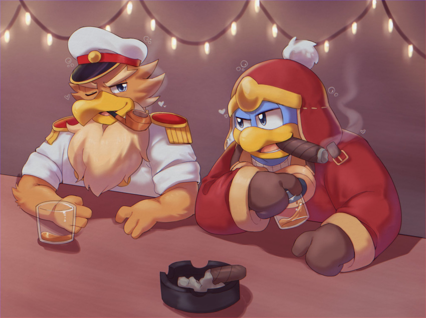 anthro ashtray beak blue_body blue_eyes blue_feathers cigar duo feathers hi_res king_dedede kirby_(series) male male/male nintendo one_eye_closed pipe smoking st637 wink