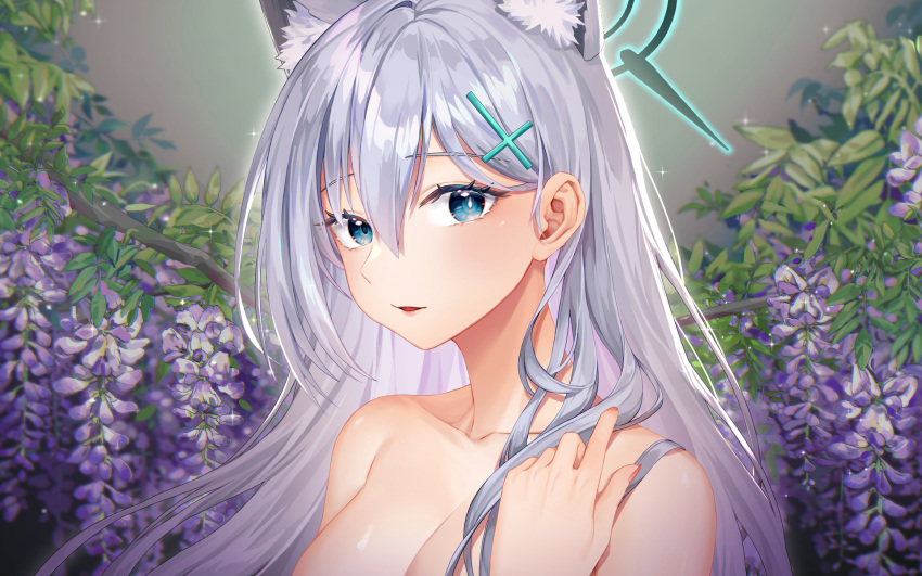 1girl aesice animal_ear_fluff animal_ears aqua_eyes blue_archive blush breasts cleavage collarbone completely_nude cross_hair_ornament flower grey_hair hair_between_eyes hair_ornament halo highres large_breasts long_hair looking_at_viewer mismatched_pupils nude purple_flower shiroko_(blue_archive) shiroko_terror_(blue_archive) sideways_glance solo straight_hair upper_body very_long_hair wisteria wolf_ears