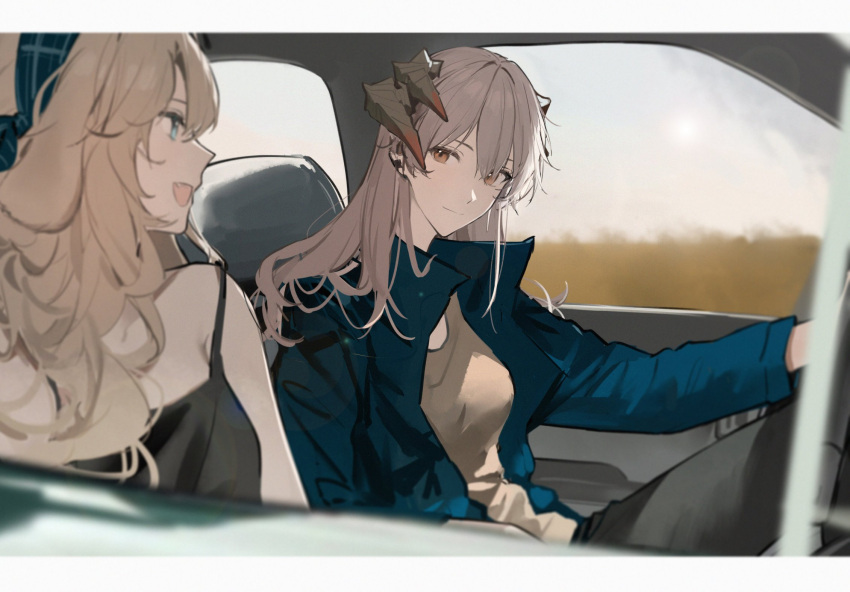 2girls animal_ears arknights bare_shoulders black_tank_top blonde_hair blue_eyes blue_jacket breasts brown_shirt car_interior day dog_ears dog_girl dragon_girl dragon_horns earclip fang field floppy_ears grey_hair grey_sky hairband highres horns jacket joshua_(shisanli934) kirsten_(arknights) looking_at_viewer multiple_girls open_clothes open_jacket open_mouth orange_eyes saria_(arknights) shirt small_breasts strap_slip tank_top
