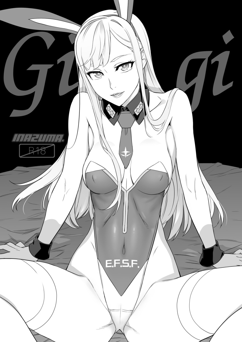 1girl animal_ears arm_support artist_name breasts breasts_apart character_name cover cover_page covered_navel covered_nipples detached_collar doujin_cover fake_animal_ears gigi_andalusia greyscale gundam gundam_hathaway's_flash highleg highleg_leotard highres leotard lipstick long_hair looking_at_viewer makeup medium_breasts monochrome necktie playboy_bunny rabbit_ears satou_shouji solo spread_legs thighhighs thighs very_long_hair wrist_cuffs