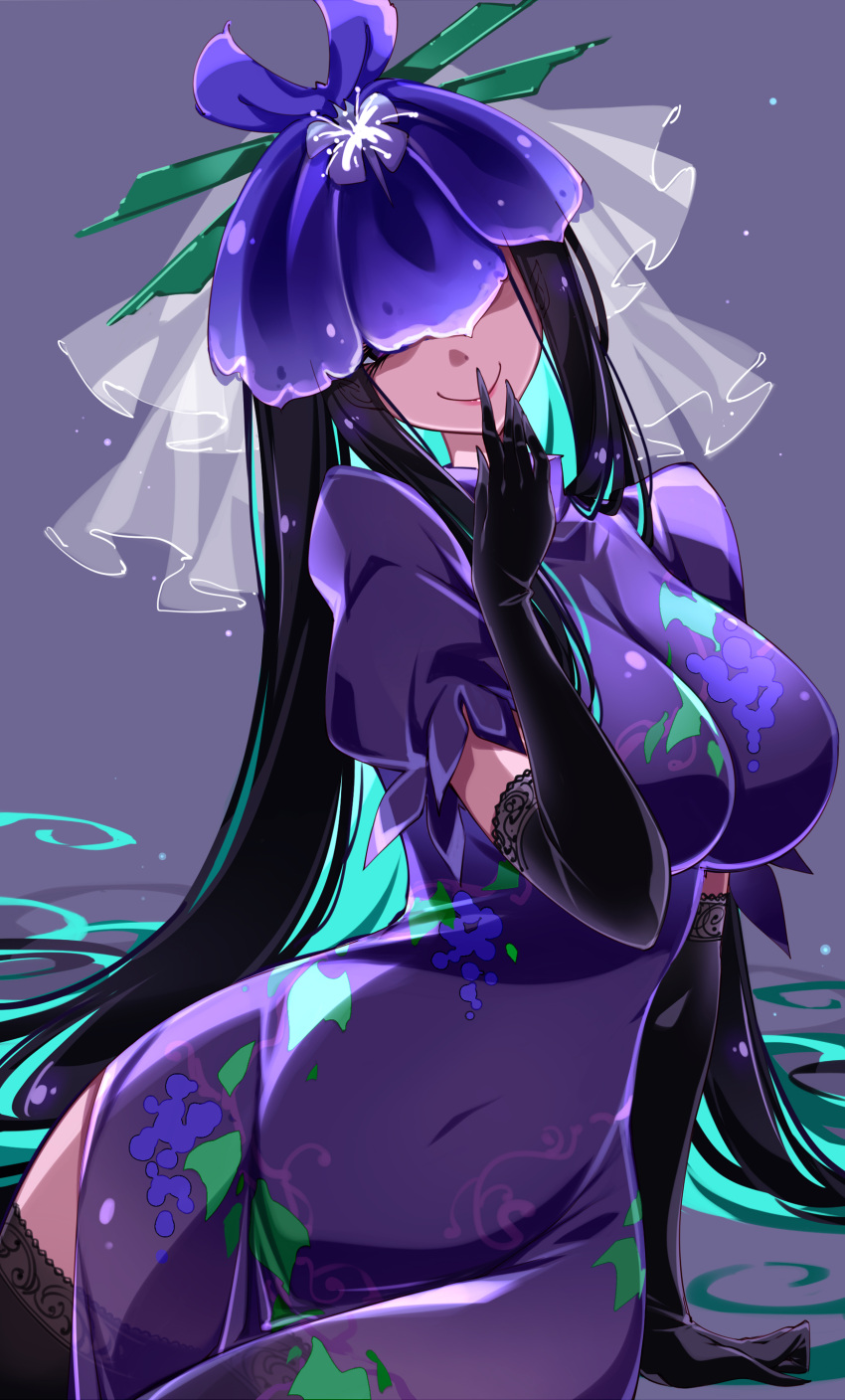 1girl absurdres black_gloves black_hair breasts china_dress chinese_clothes closed_mouth dress elbow_gloves flower food_print fruit_print gloves grape_print highres large_breasts long_hair looking_at_viewer purple_dress purple_eyes purple_flower raptor7 short_sleeves sidelocks smile solo thighhighs touhou unfinished_dream_of_all_living_ghost very_long_hair vine_print wide_hips yomotsu_hisami