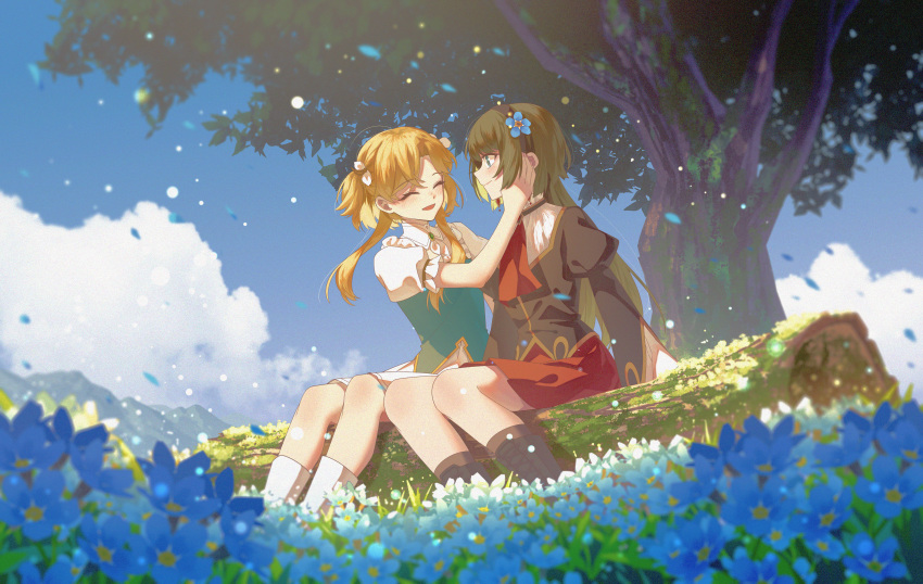 2girls ^_^ absurdres black_footwear blonde_hair blue_flower blue_sky blush boots breasts closed_eyes cloud day dress flower forget-me-not_(flower) green_hair hair_flower hair_ornament hand_on_another's_cheek hand_on_another's_face highres jiege log long_hair looking_at_another medium_breasts mountainous_horizon multiple_girls nina_(volcano_princess) open_mouth outdoors puffy_sleeves red_skirt rose_(volcano_princess) short_hair_with_long_locks sitting_on_log skirt sky smile tree volcano_princess white_dress yuri