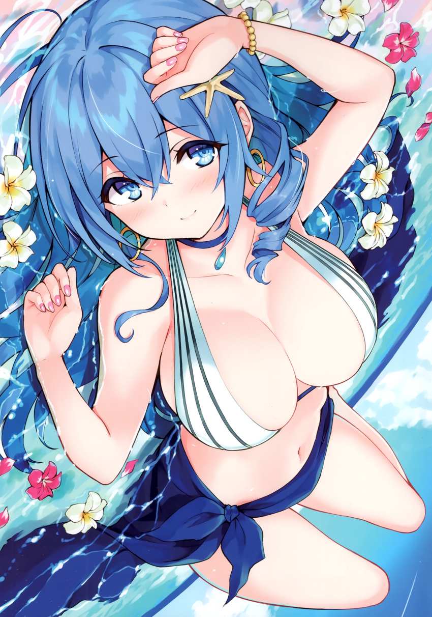 1girl absurdres blue_eyes blue_hair blue_sky blush bracelet breasts choker cleavage closed_mouth cloud collarbone cu-no day fingernails flower highres hisen_kaede jewelry kohitsuji_ai large_breasts long_hair looking_at_viewer lying navel on_back outdoors scan simple_background sky stomach water