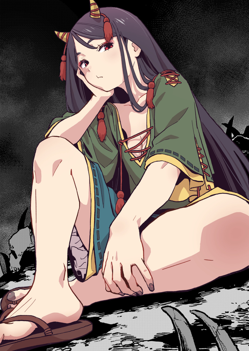 1girl absurdres barefoot black_hair blue_shorts closed_mouth collarbone fingernails green_shirt highres horns kawayabug long_hair looking_at_viewer nippaku_zanmu oni_horns red_eyes shirt short_sleeves shorts solo toenails touhou unfinished_dream_of_all_living_ghost wide_sleeves