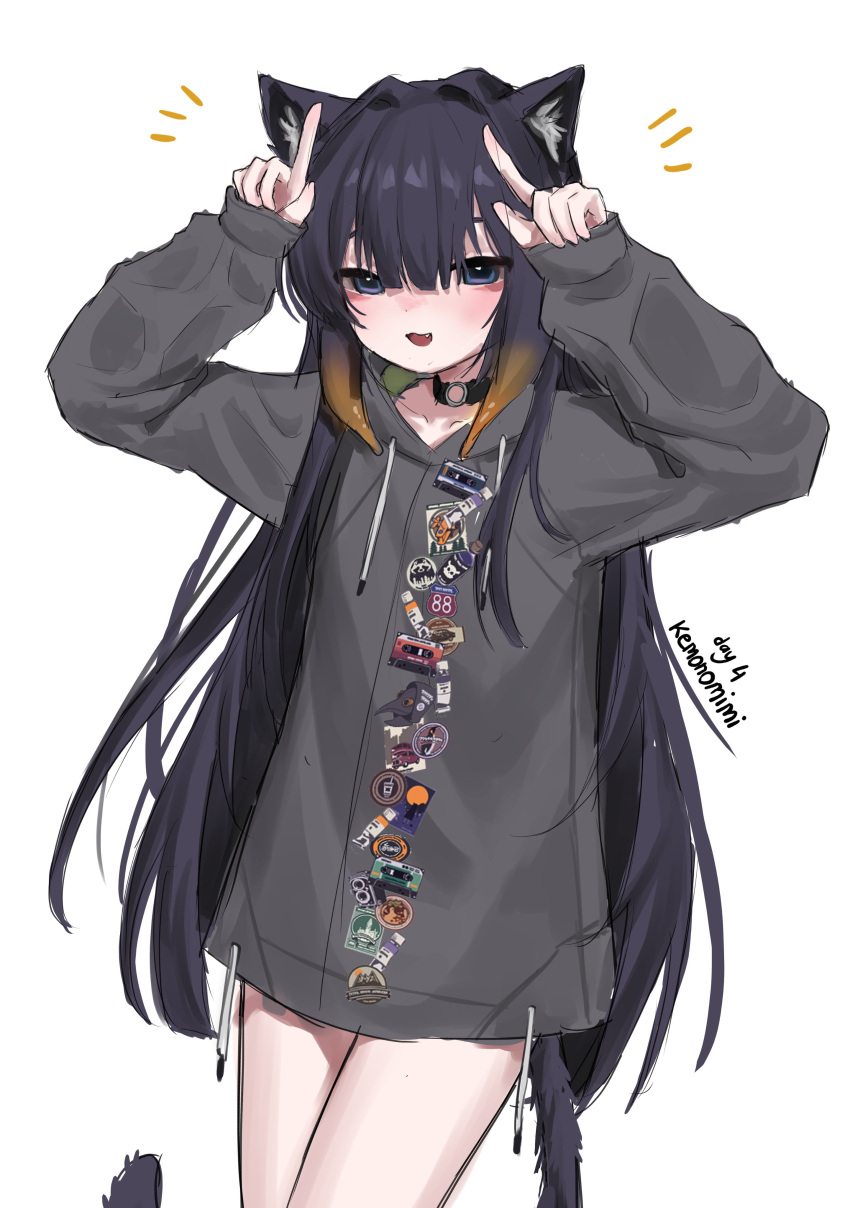 1girl absurdres animal_ear_fluff animal_ears black_eyes black_hair blunt_bangs breasts cat_ears cat_girl cat_tail choker cowboy_shot drawstring english_text fang gradient_hair grey_jacket hair_intakes highres hololive hololive_english hood hooded_jacket jacket kemonomimi_mode long_hair long_sleeves looking_at_viewer multicolored_hair ninomae_ina'nis ninomae_ina'nis_(5th_costume) o-ring o-ring_choker official_alternate_costume open_mouth orange_hair patch sidelocks simple_background slepp small_breasts solo tail tentacle_hair thighs very_long_hair virtual_youtuber white_background