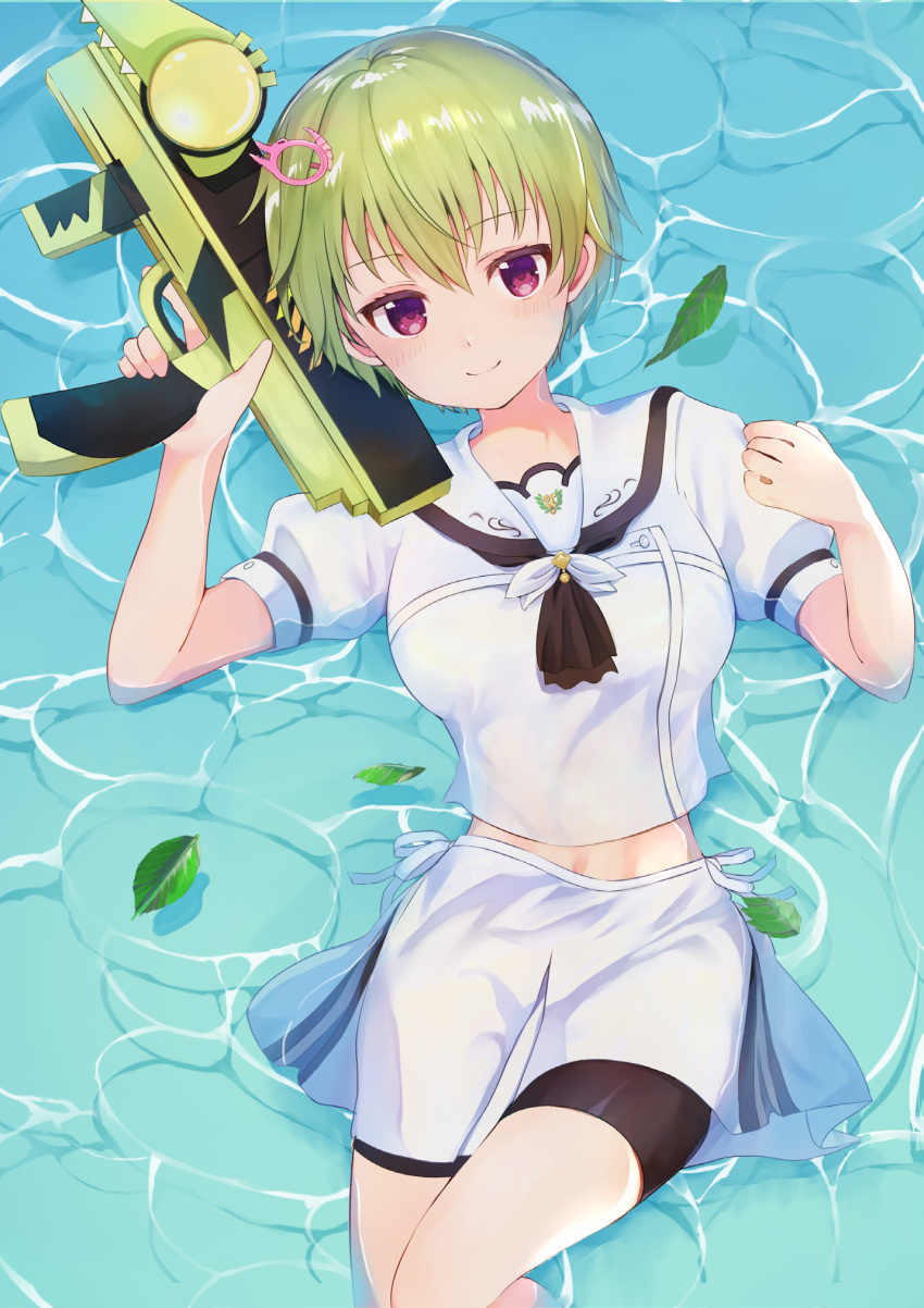 1girl ascot bike_shorts black_ascot black_shorts blush breasts closed_mouth commentary cowboy_shot crocodile_hair_ornament eyelashes from_above green_hair hair_between_eyes hands_up highres holding holding_water_gun knee_up large_breasts leaf leaf_on_liquid looking_at_viewer lying nomura_miki non-web_source on_back partially_submerged pink_eyes puffy_short_sleeves puffy_sleeves ribbon sailor_collar school_uniform shirt short_hair short_sleeves shorts skirt smile solo summer_pockets water water_gun white_ribbon white_sailor_collar white_shirt white_skirt yushima