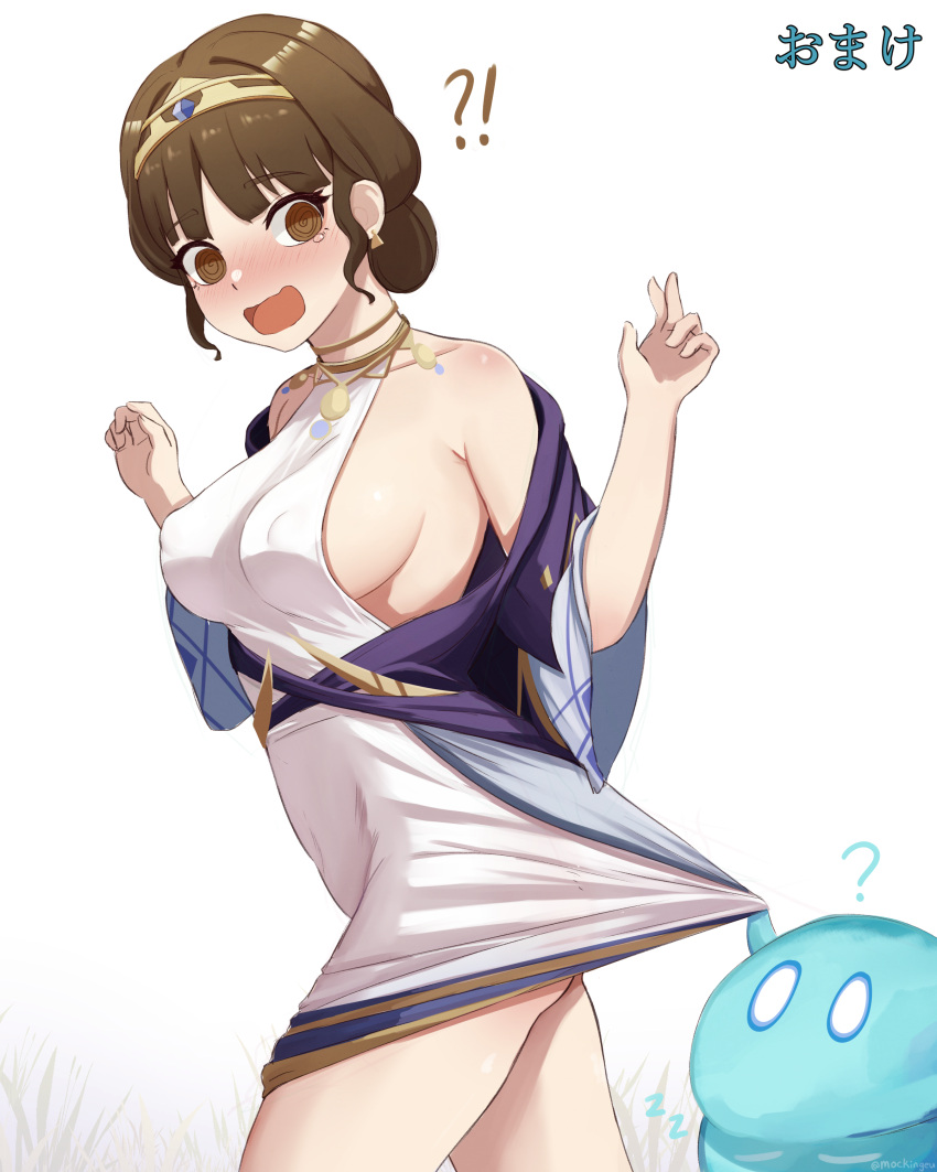!? 1girl @_@ absurdres bare_shoulders blush breasts brown_eyes brown_hair commentary_request cowboy_shot dress dunyarzad_(genshin_impact) genshin_impact highres mockingeu nose_blush open_mouth sideboob simple_background slime_(genshin_impact) standing tears thighs tiara translation_request white_background white_dress