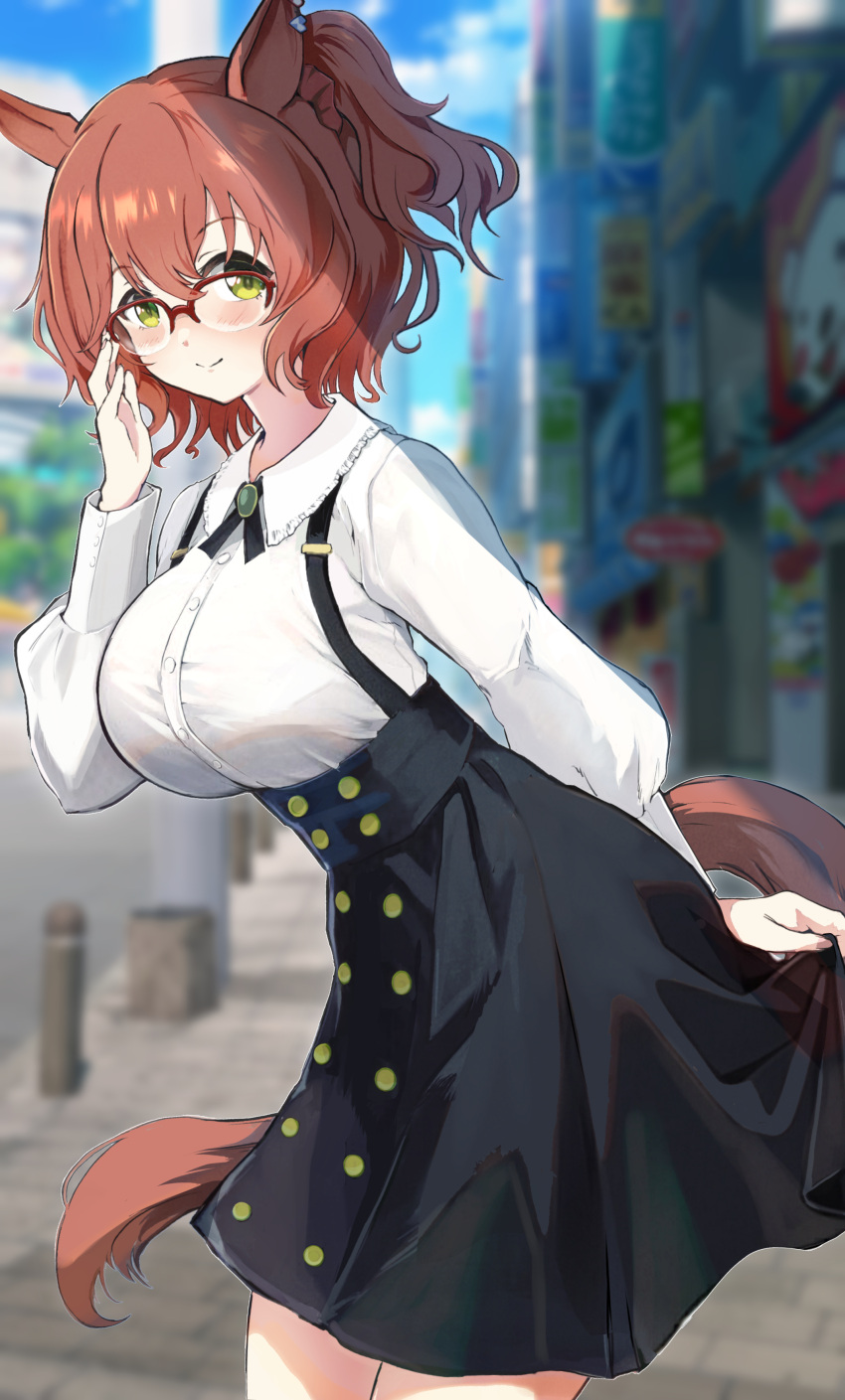 1girl absurdres animal_ears aston_machan_(umamusume) black_skirt breasts brown_hair casual collared_shirt from_side glasses green_eyes highres horse_ears horse_girl horse_tail kokora_(kokorahen) large_breasts long_sleeves looking_at_viewer medium_hair over-rim_eyewear ponytail red-framed_eyewear semi-rimless_eyewear shirt skirt smile solo suspender_skirt suspenders tail umamusume white_shirt