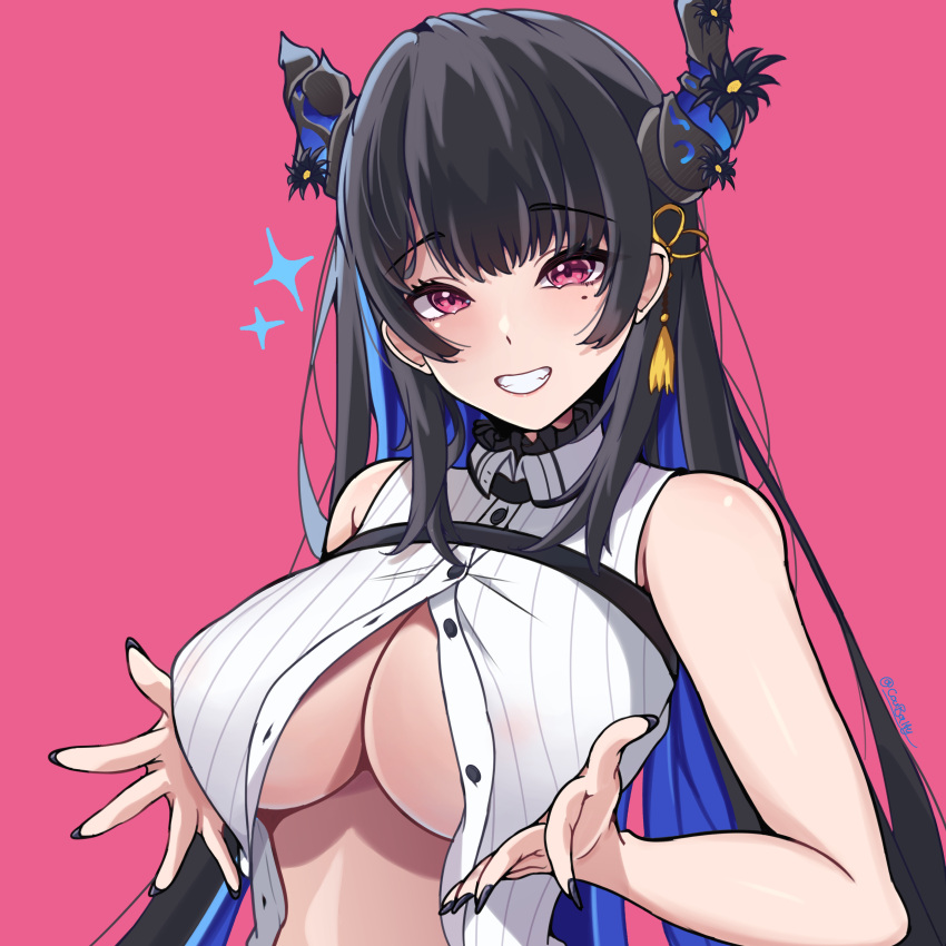 1girl absurdres asymmetrical_horns bare_shoulders black_hair black_nails blue_hair breasts colored_inner_hair coubalty demon_horns grin hair_ornament highres hololive hololive_english horns large_breasts long_hair looking_at_viewer mole mole_under_eye multicolored_hair nerissa_ravencroft pink_background red_eyes smile solo two-tone_hair uneven_horns virtual_youtuber