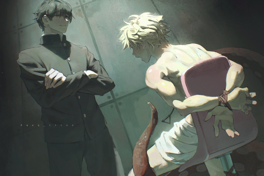 2boys black_eyes black_hair black_jacket black_pants blonde_hair buttons chainsaw_man closed_mouth denji_(chainsaw_man) feet_out_of_frame highres indoors jacket looking_at_another male_focus multiple_boys open_mouth pants qxq_illus short_hair shorts tentacles tied_to_chair topless_male wall white_shorts yoshida_hirofumi