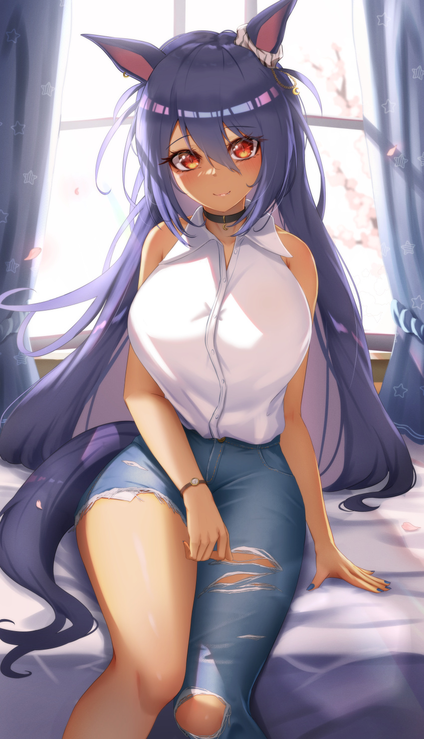 1girl absurdres animal_ears bare_arms bare_shoulders black_choker blue_hair blue_nails blush breasts choker crescent_choker curtains dark-skinned_female dark_skin denim ear_ornament ear_scrunchie falling_petals fang hair_between_eyes hair_ornament highres hishi_amazon_(umamusume) horse_ears horse_girl horse_tail jeans large_breasts long_hair looking_at_viewer pants petals red_eyes shinonome_(shinonome_rynn) shirt shirt_tucked_in single_bare_leg sitting sleeveless sleeveless_shirt smile solo tail thighs torn_clothes torn_jeans torn_pants umamusume very_long_hair watch white_shirt window wristwatch