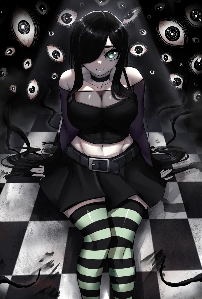 1girl absurdres amissio aqua_eyes aria_wintermint bare_shoulders belt black_belt black_choker black_hair black_skirt camisole check_copyright checkered_floor choker collarbone commentary copyright_request crop_top feet_out_of_frame green_thighhighs hair_over_one_eye highres long_hair long_sleeves looking_at_viewer midriff miniskirt navel rageman709 sitting skirt solo striped striped_thighhighs the_crawling_city thighhighs very_long_hair