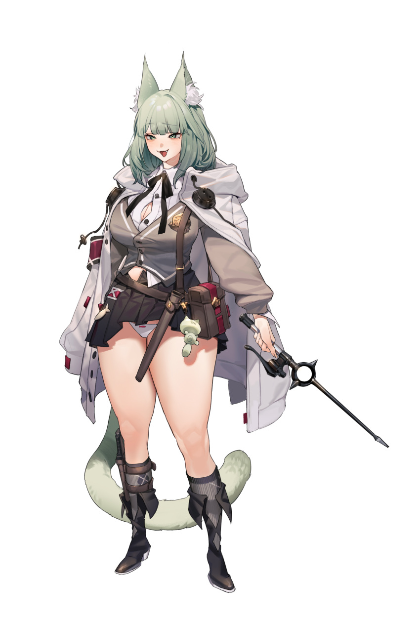 1girl absurdres animal_ear_fluff animal_ears ankle_holster arknights black_footwear black_ribbon black_skirt boots breasts buttons cat_ears cat_girl cat_tail charm_(object) cleavage fang green_eyes green_hair grey_vest harmonie_(arknights) highres holding holding_wand jacket jacket_on_shoulders large_breasts long_sleeves neck_ribbon open_mouth panties pantyshot pleated_skirt ribbon shirt simple_background skirt solo standing tachi-e tail thick_thighs thighs underwear upskirt vest wand white_background white_jacket white_panties white_shirt yi_shin_jian