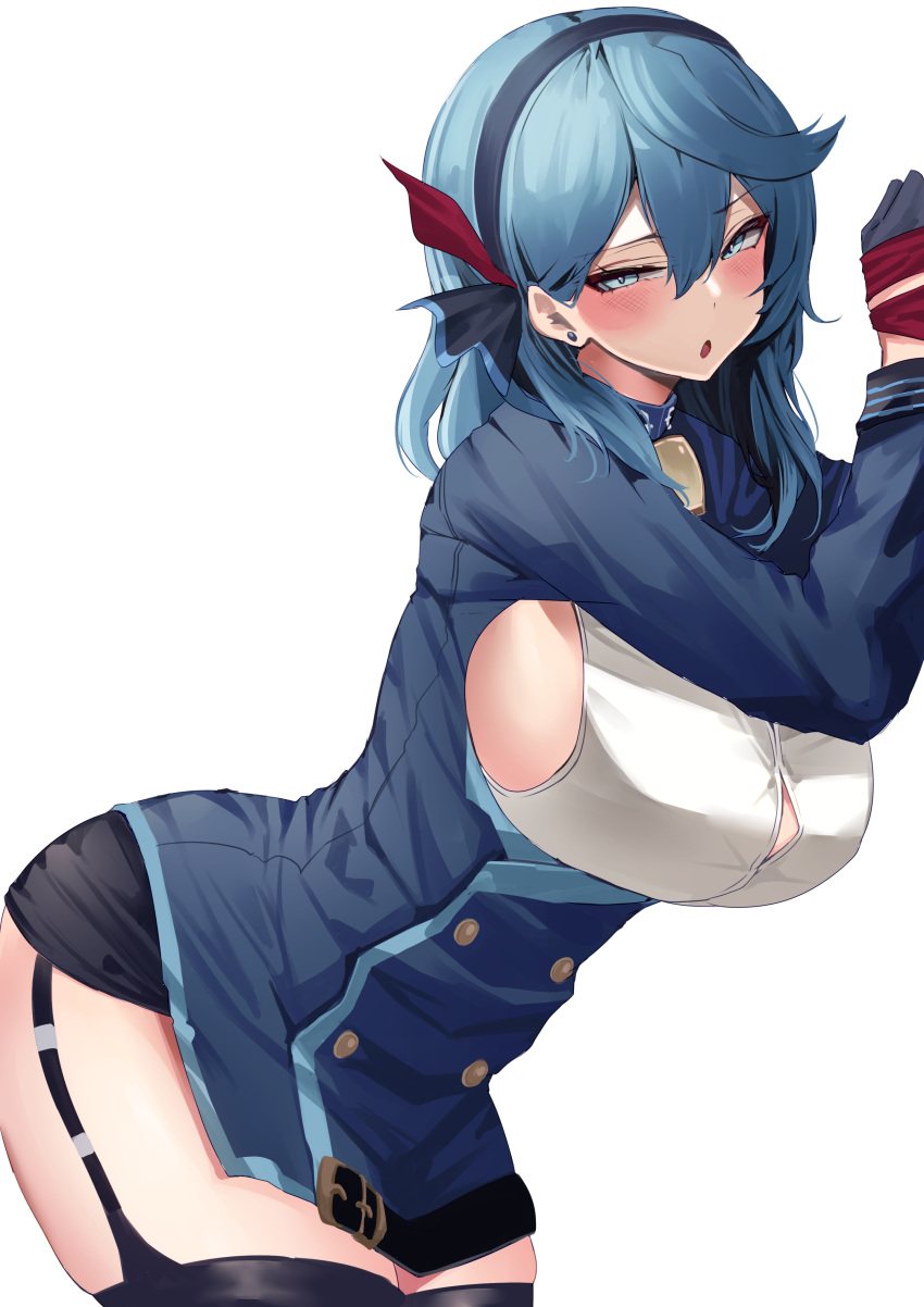 1girl :o absurdres ako_(blue_archive) black_garter_straps black_skirt black_thighhighs blue_archive blue_eyes blue_hair blue_jacket blush bound bound_wrists breasts button_gap earrings garter_straps hair_between_eyes half-closed_eyes highres jacket jewelry large_breasts leaning_forward looking_at_viewer miniskirt namazu_(yamasonson) shirt sideboob simple_background skirt solo stud_earrings thighhighs white_background white_shirt