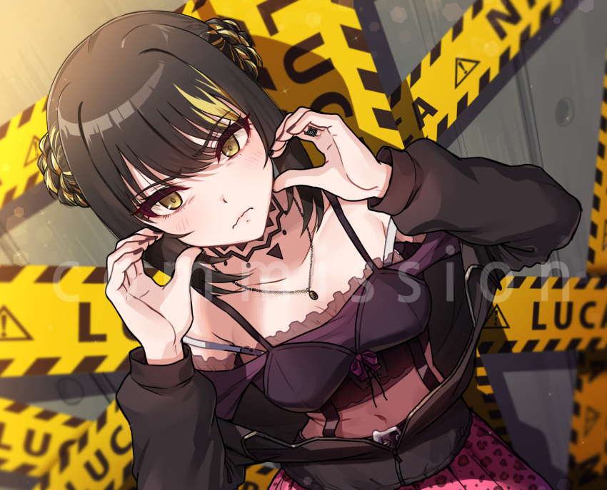 1girl animal_print black_hair black_jacket blonde_hair blush braid braided_bun breasts caution_tape collarbone commission cropped_shirt double_bun dutch_angle fingernails hair_bun hands_on_own_cheeks hands_on_own_face idolmaster idolmaster_shiny_colors ikaruga_luca jacket kamille_(vcx68) leopard_print looking_at_viewer multicolored_hair nail_polish navel off-shoulder_shirt off_shoulder pink_skirt pleated_skirt shirt skirt small_breasts solo streaked_hair yellow_eyes