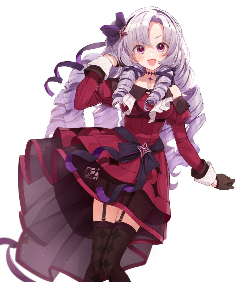 1girl :d absurdres blush breasts brown_gloves brown_thighhighs chest_tattoo commentary_request dress drill_hair drill_locks feet_out_of_frame forehead garter_straps gloves hair_ribbon high-low_skirt highres hyakumantenbara_salome juliet_sleeves large_breasts long_hair long_sleeves looking_at_viewer nijisanji overskirt pinkusan puffy_sleeves purple_eyes purple_hair purple_ribbon red_dress ribbon see-through see-through_skirt skirt smile solo standing star_(symbol) star_in_eye symbol_in_eye tattoo thighhighs very_long_hair virtual_youtuber