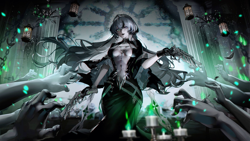 1girl black_dress black_gloves black_hair black_lips breasts breasts_apart candle candlelight clothing_cutout commentary dress falling_feathers fire gloves green_eyes green_fire grey_hair gun hair_between_eyes hair_spread_out heterochromia highres holding holding_gun holding_weapon kuuus long_hair looking_at_viewer multicolored_hair no_bra oak_casket_(path_to_nowhere) outstretched_arms parted_lips path_to_nowhere pov pov_hands purple_eyes sidelocks too_many_hands two-tone_hair weapon