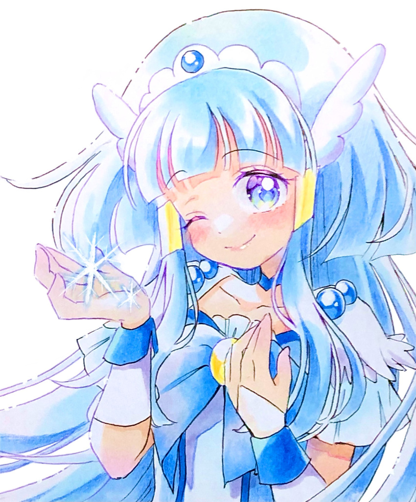 1girl absurdres aoki_reika arm_up blue_eyes blue_hair blue_theme blush bow choker commentary_request cure_beauty hair_tubes head_wings highres jewelry lilylily0601 lipgloss long_hair looking_at_viewer magical_girl one_eye_closed precure sidelocks smile smile_precure! snowflakes solo tiara white_background wings wrist_cuffs