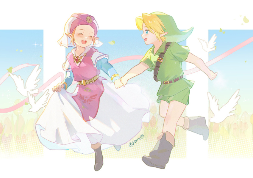 1boy 1girl aged_down belt_buckle bird blonde_hair blue_eyes blush boots brown_footwear buckle child dress falling_petals full_body green_headwear green_tunic hat highres holding_hands jewelry link long_sleeves looking_at_viewer necklace open_mouth petals pointy_ears princess_zelda running short_sleeves shoulder_belt smile the_legend_of_zelda the_legend_of_zelda:_ocarina_of_time triforce twitter_username yun_(dl2n5c7kbh8ihcx)