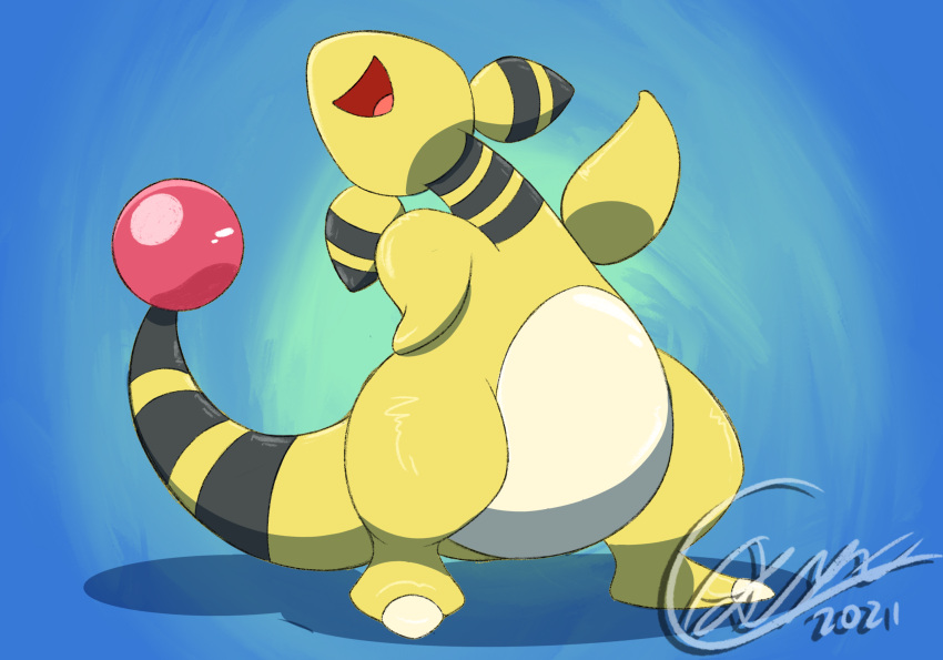 2021 ambiguous_gender ampharos anthro arche150 black_stripes blue_background countershading generation_2_pokemon glistening glistening_body happy hi_res laugh nintendo open_mouth open_smile pokemon pokemon_(species) pokemon_mystery_dungeon red_tail_tip shaded shadow signature simple_background smile solo stripes tan_body tan_countershading toony yellow_body