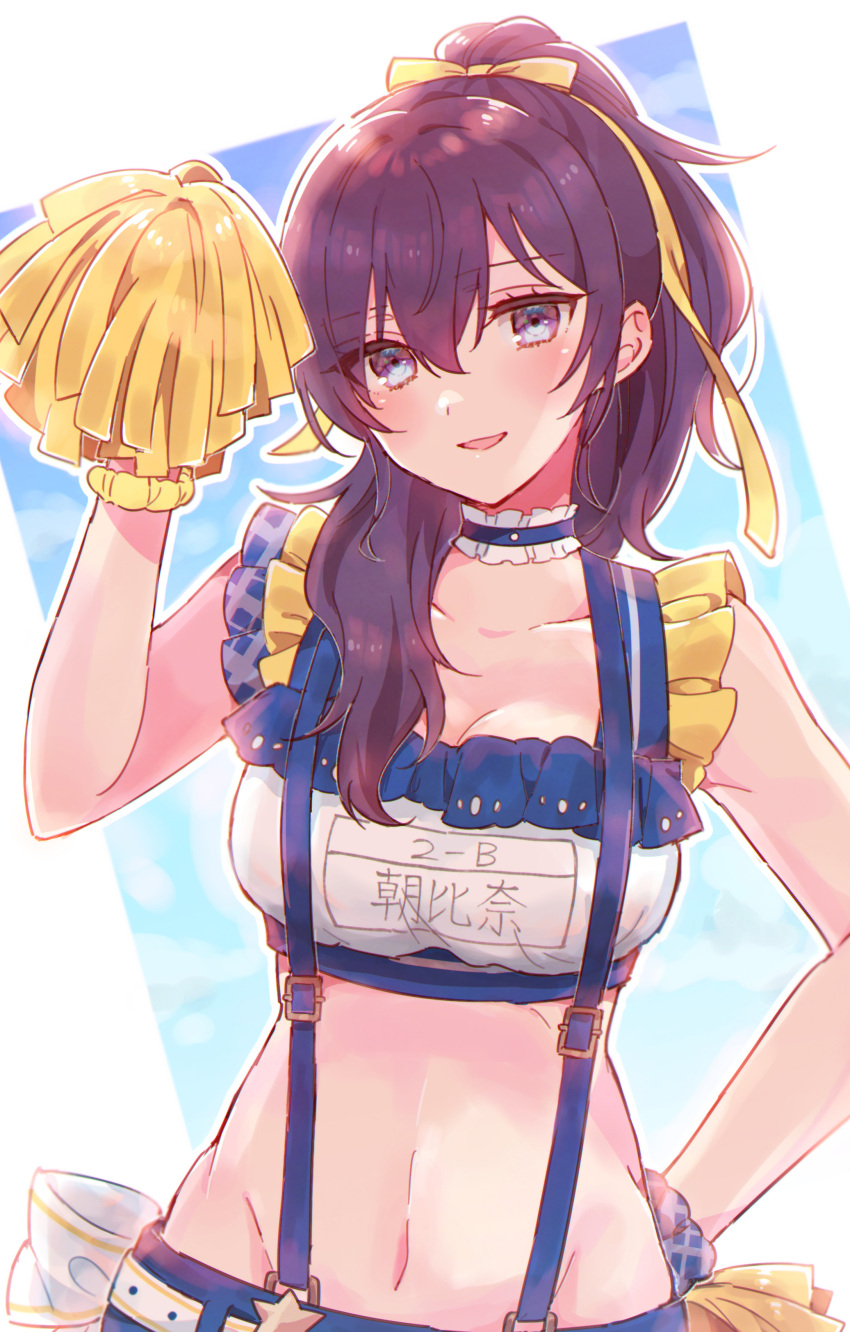 1girl absurdres asahina_mafuyu bare_arms blue_scrunchie bow breasts cleavage hair_between_eyes hair_bow hair_over_shoulder hand_up highres long_hair looking_at_viewer medium_breasts navel parted_lips pom_pom_(cheerleading) ponytail project_sekai purple_eyes purple_hair scrunchie smile solo sorimachi-doufu wrist_scrunchie yellow_bow yellow_scrunchie