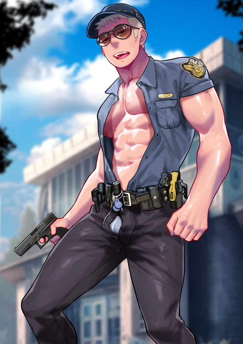 1boy abs bara belt black_pants blue_sky blurry blurry_background branch building cloud collared_shirt covered_nipples feet_out_of_frame gun hat highres holding holding_gun holding_weapon male_focus maorenc muscular muscular_male open_clothes open_mouth open_shirt original pants pectoral_cleavage pectorals police police_uniform shirt sky solo sunglasses uniform weapon white_hair