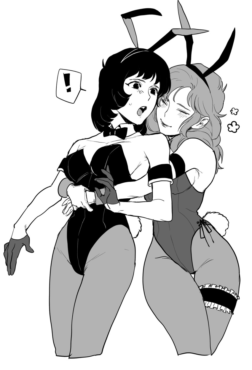 ! 2girls :o animal_ears blush bridal_garter closed_eyes closed_mouth cropped_legs detached_collar fa_yuiry fake_animal_ears fake_tail gloves greyscale gundam half_gloves highleg highleg_leotard highres hug hug_from_behind leotard long_hair looking_at_another medium_hair monochrome multiple_girls open_mouth otenki93 playboy_bunny rabbit_ears rabbit_tail rosamia_badam simple_background spoken_exclamation_mark strapless strapless_leotard sweat tail zeta_gundam