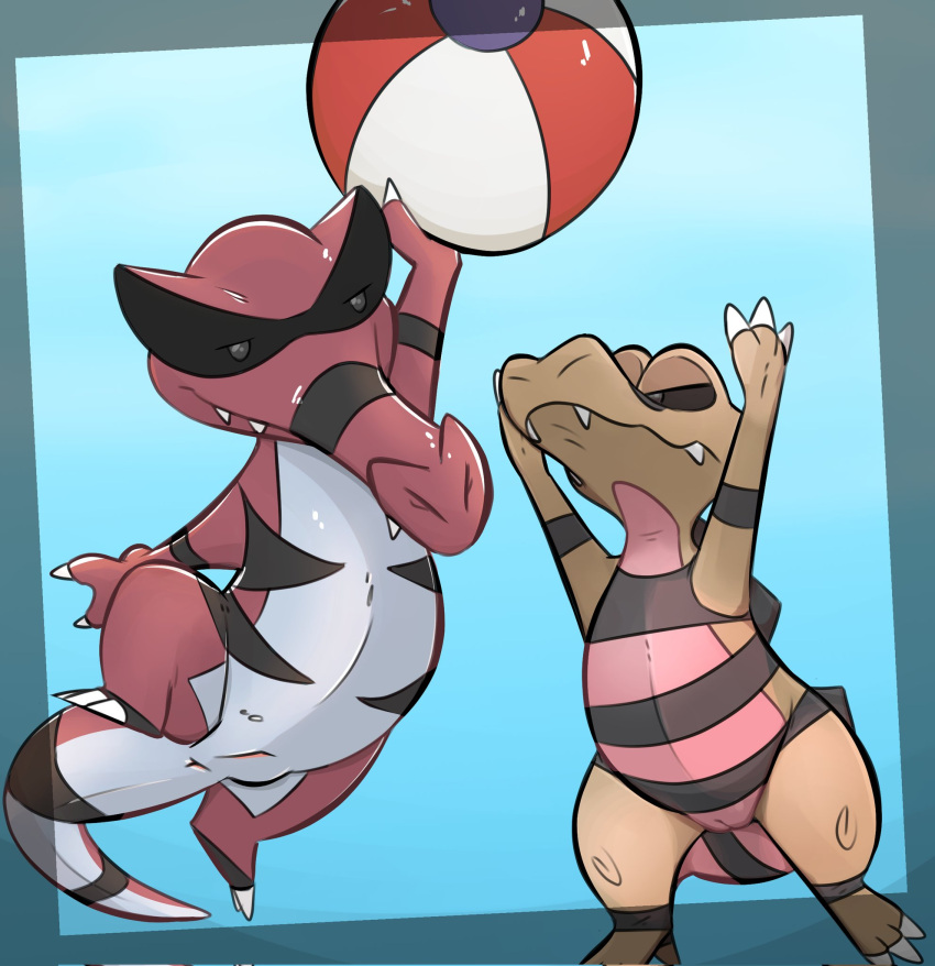 2023 anthro anus ball beach_ball blue_background brown_body casual_nudity crocodilian duo facial_markings female flat_chested generation_5_pokemon genitals head_markings hi_res honeymono inflatable jumping krookodile markings mask_(marking) nintendo nude pokemon pokemon_(species) pussy red_body reptile sandile scalie simple_background sport volleyball