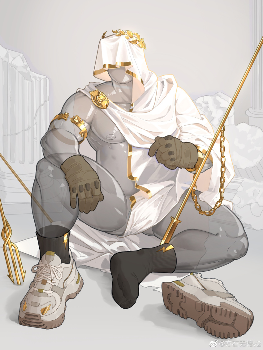 1boy absurdres armlet bara bare_pectorals black_socks bridal_veil bulge costume_request covered_face full_body greek_clothes highres large_pectorals laurel_crown male_focus monster_boy muscular muscular_male original pectorals see-through shoes single_shoe sitting slime_boy sneakers socks solo testicle_peek thick_thighs thighs underpec veil wutang